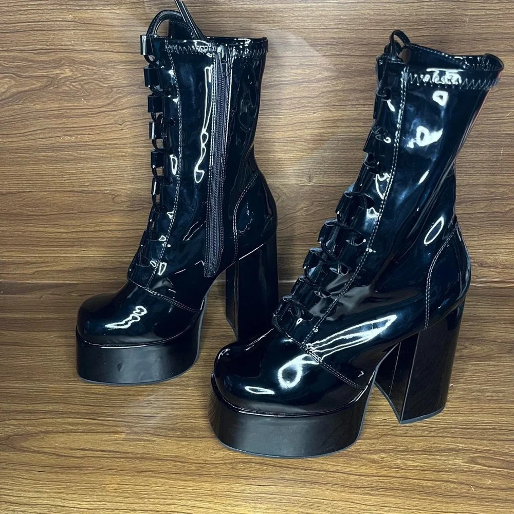 Jeffrey Campbell Luscious Shiny Chunky Patent black heeled boots Women’s 9.5